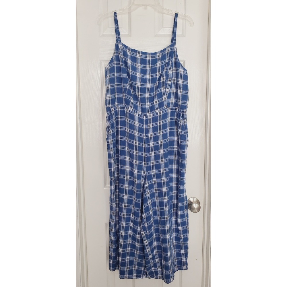 Linen Blend Jumpsuit Blue Plaid Smocked Bodice Sleeveless Wide Leg Crop XL - Picture 2 of 9